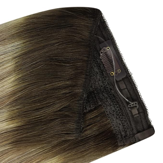 YoungSee Wire Hair Extensions Human Hair Brown Ombre Fish Line Hair Extensions Dark Brown Ombre Light Brown with Blonde Straight Hair Wire Extensions Customizable Hair Extensions Human Hair 12inch 70g