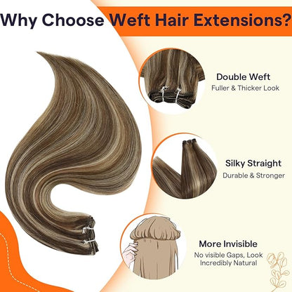 Full Shine Weft Hair Extensions Remy Hair Extensions Highlight Brown Hair Weft Sew In Real Hair Color Brown Highlight Honey Blonde Human Hair Bundles For Women 16 Inch 105G