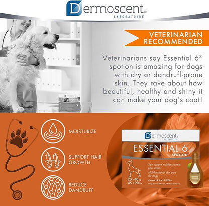 Dermoscent Essential 6 spot-on - Dog Skin Care for Dandruff & Allergy Relief with Vitamin E Oil - Anti Itch for Dogs - Natural Ingredients for Sensitive Skin - Dogs 20-40 kg - 4 Pipettes of 2.4 ml