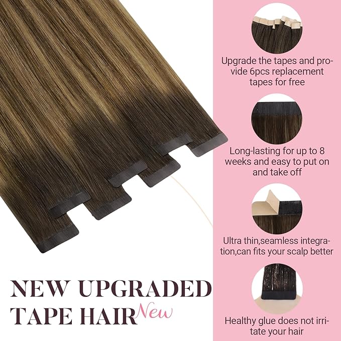 MAXITA Tape in Hair Extensions Human Hair, Real Remy Straight Tape in Extensions, Ash Dark Brown to Warm Brown and Light Chestnut Brown Skin Weft Hair Extensions 24 Inch 50g 20pcs