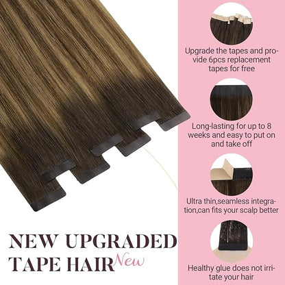 MAXITA Tape in Hair Extensions Human Hair, Real Remy Straight Tape in Extensions, Ash Dark Brown to Warm Brown and Light Chestnut Brown Skin Weft Hair Extensions 24 Inch 50g 20pcs