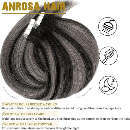 Anrosa Tape in Hair Extensions Human Hair Remy Real Human Hair Extensions Tape in Silky Natural Hair Extensions Human Hair 16 Inch Natural Black to Silver Grey with Natural Black Rooted 50G 20PCS