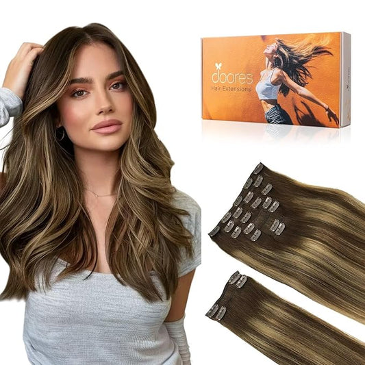 DOORES Hair Extensions Real Human Hair, Balayage Chocolate Brown to Caramel Blonde 18 Inch 150g 9pcs, Real Hair Extensions Clip in Human Hair Remy Clip in Hair Extensions Human Hair Natural