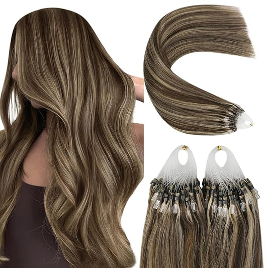 YoungSee Micro Bead Hair Extensions Real Human Hair Highlight Microlink Hair Extensions Dark Brown and Blonde Highlight Bead Extensions Human Hair 20In 50g 50s Cold Fusion Hair Extension Natural