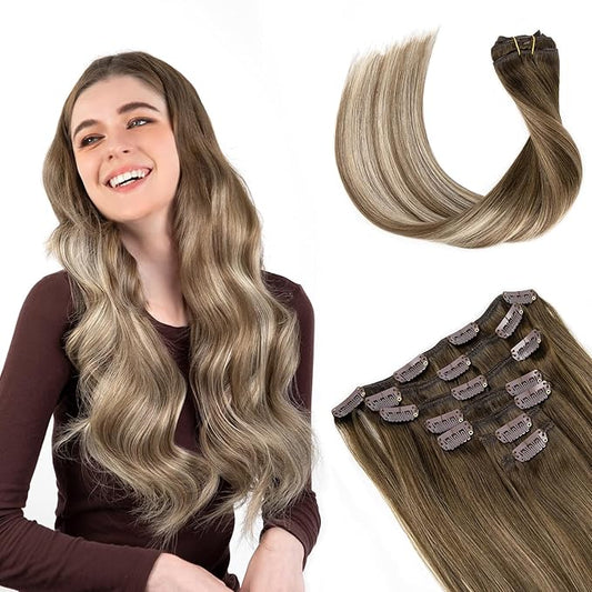 Clip in Hair Extensions Real Human Hair, Silky Straight Remy Hair Extensions for Women, Balayage Walnut Brown to Ash Brown and Bleach Blonde #3TP8/613 20Inch 120G 7PCS