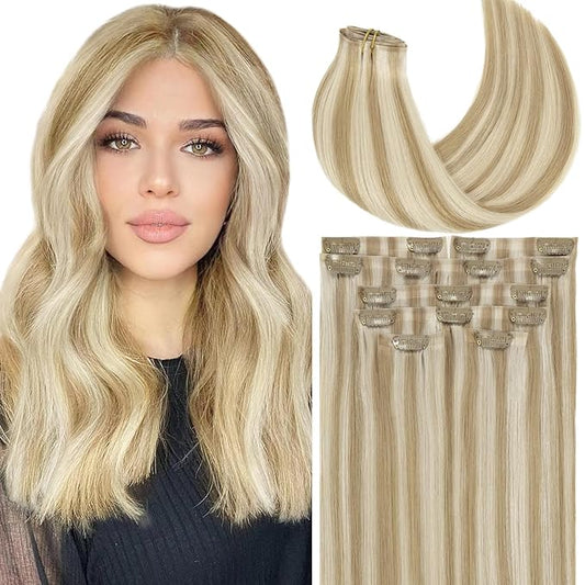Lacer Clip in Hair Extensions 22in Seamless Clip in Hair Extensions Golden Blonde Highlight Platinum Blonde Highlight Clip in Hair Extensions 7Pcs Invisible PU Skin Weft For Women 110G
