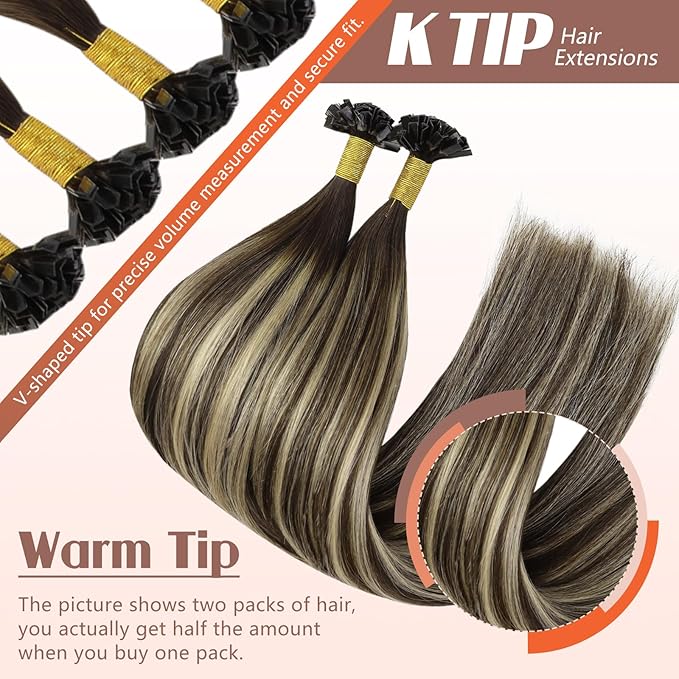 Sunny Hair Ktip Human Hair Extensions 22inch K Tip Hair Extensions Real Human Hair Ombre Dark Brown Mixed Ash Blonde Keratin Tips Extensions 50g