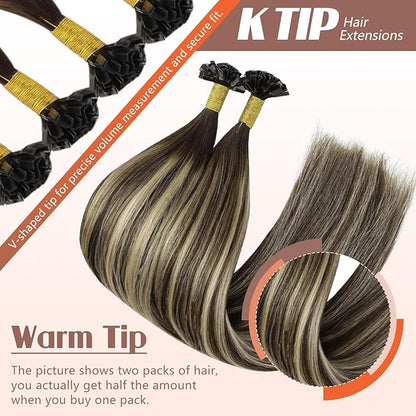 Sunny Hair Ktip Human Hair Extensions 22inch K Tip Hair Extensions Real Human Hair Ombre Dark Brown Mixed Ash Blonde Keratin Tips Extensions 50g