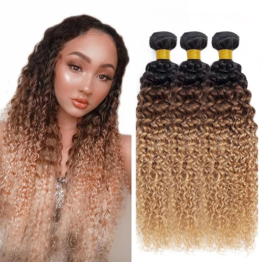 27 Curly Human Hair Bundles Ombre Brown Bundles 24 26 28 Inch Niegmeag Hair 3 Tone Brown and Honey Blonde Bundle Peruvian Grade 8A Virgin Remy Hair Extensions