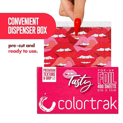 Colortrak Tasty Pop-up Foil W/Dispenser (400 Count), Pre-cut Sheets, Non-Slip Embossed Texture, 5" x 11" Sheets for Hair Foil Coloring and Highlighting Sheet Applications