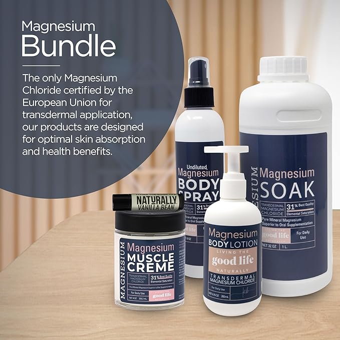Magnesium Bundle - Magnesium Soak, Body Lotion, Muscle Cream and Topical Body Spray with a Vanilla Bean Lip Balm, Organic, Natural, Pure (BOTTLE COLOR MAY VARY)