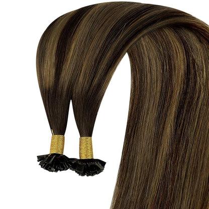 YoungSee Ktip Hair Extensions Human Hair Balayage Brown K Tip Extensions Human Hair Dark Brown with Medium Brown Ombre Ktips Human Hair Extensions 16Inch Hair Extensions for Women 50G/S