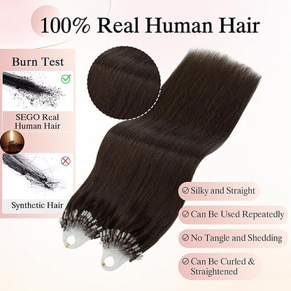 Micro Link Hair Extensions - Human Hair Micro Bead & Loop Extensions - Silky Straight Natural 50g/100 Stands 16" Dark Brown