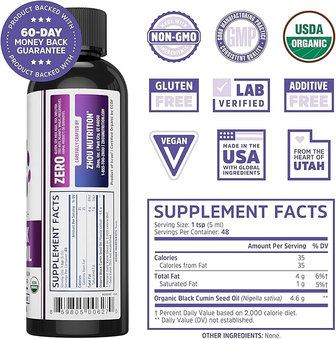 ZHOU Organic Black Seed Oil - Black Cumin Seed Oil Cold Pressed, Nigella Sativa, Pure Unrefined Blackseed Liquid, Premium Supplement for Health with Thymoquinone, Omega 3 6 9-8 Fl Oz (Pack of 2)