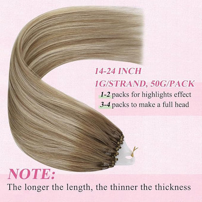 YoungSee Micro Link Hair Extensions Human Hair Ombre Microloop Hair Extensions Human Hair Balayage Light Brown with Blonde Bead Hair Extensions Real Human Hair for Long Hair 24 Inch 50s 50g