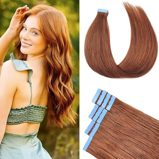 Auburn Mini Tape in Hair Extensions Human Hair Invisible Long 20 Inch Hair Extensions Real Human Hair Tape Ins Silky Straight Remy Hair for Women