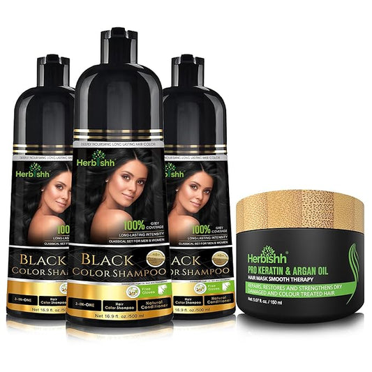 Herbishh Ultimate Hair Color Shampoo Kit for Grey Hair (3pcs Shampoo Dye +1 Argan Hair Mask) Smooth and Long Lasting, Men & Women, Easy & Quick to Use-Combo4 (Black)