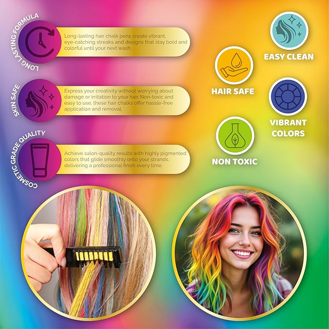12 Hair chalks comb, 12 NEON & METALLIC hair chalk, Non-Toxic Easy Washable Hair Dye Colourful, METALLIC & NEON hair chalk -Perfect for Festivals, Halloween, Party, hair chalks for girls