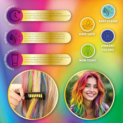 12 Hair chalks comb, 12 NEON & METALLIC hair chalk, Non-Toxic Easy Washable Hair Dye Colourful, METALLIC & NEON hair chalk -Perfect for Festivals, Halloween, Party, hair chalks for girls