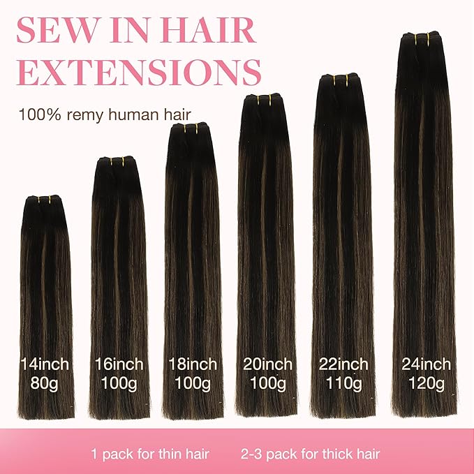 GOO GOO Sew in Hair Extensions Real Human Hair, Weft Hair Extensions Human Hair, 1B/6/1B Balayage Natural Black to Chestnut Brown 18inch 100g, Weft Bundles Straight Silky Remy Hair