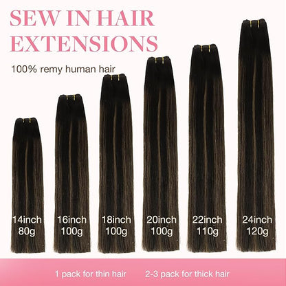 GOO GOO Sew in Hair Extensions Real Human Hair, Weft Hair Extensions Human Hair, 1B/6/1B Balayage Natural Black to Chestnut Brown 18inch 100g, Weft Bundles Straight Silky Remy Hair