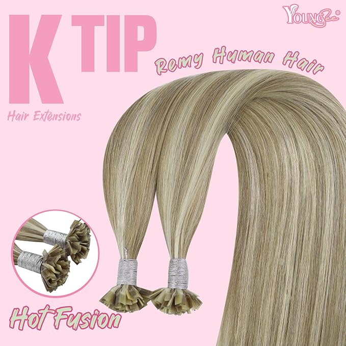 YoungSee K Tip Hair Extensions Human Hair Light Brown Highlight Ktip Human Hair Extensions Light Brown Highlights Blonde Ktip Natural Hair Extensions K Tip Human Hair Extensions for Women 18in 50s/50g