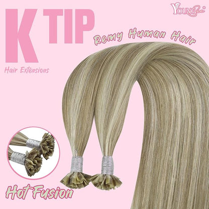 YoungSee K Tip Hair Extensions Human Hair Light Brown Highlight Ktip Human Hair Extensions Light Brown Highlights Blonde Ktip Natural Hair Extensions K Tip Human Hair Extensions for Women 18in 50s/50g
