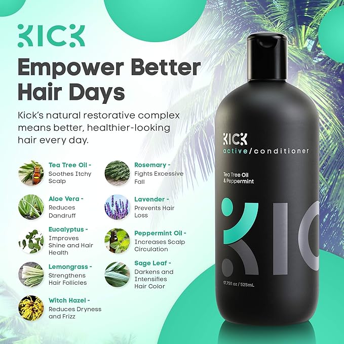 Kick Mens Conditioner - Tea Tree and Peppermint for Hair Loss - Proven High Performance Pro-Nourishing Mens Natural Anti Dandruff Treatment - 17oz