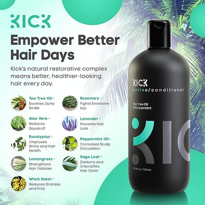 Kick Mens Conditioner - Tea Tree and Peppermint for Hair Loss - Proven High Performance Pro-Nourishing Mens Natural Anti Dandruff Treatment - 17oz