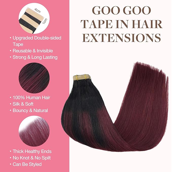 GOO GOO Tape in Hair Extensions Human Hair, 1/99 Balayage Jet Black to Red, 12inch 80g 40pcs, Skin Weft Seamless Invisible, Silky Straight with Thick Ends, Remy Human Hair