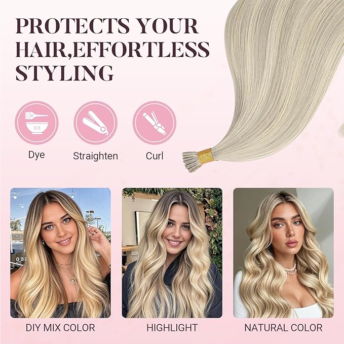 MAXITA I Tip Hair Extensions Human Hair,50g/50s Ash Blonde Highlighted Platinum Blonde 20 Inch Comfortable Wear, Invisible & Natural Cold Fusion, 100% Remy Human Hair Itip Keratin Hair Extensions