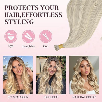 MAXITA I Tip Hair Extensions Human Hair,50g/50s Ash Blonde Highlighted Platinum Blonde 20 Inch Comfortable Wear, Invisible & Natural Cold Fusion, 100% Remy Human Hair Itip Keratin Hair Extensions