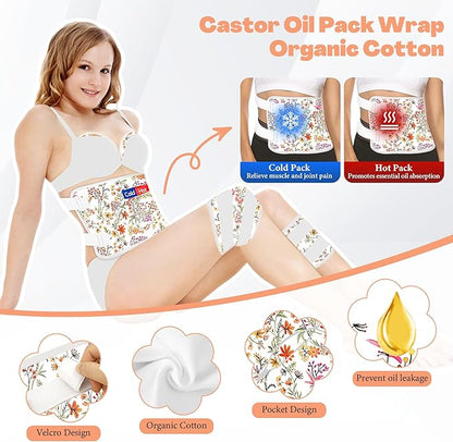 12 Pcs Castor Oil Pack Wrap, Reusable Castor Oil Pack Kit Organic Cotton for Shoulder Hands Neck Waist Chest Knees and Feet, Adjustable Compress Pads for Entire Body, Anti Oil Leak(White)