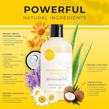 Naturals Body Wash - Warm Sandalwood Vanilla Scent with Organic Aloe Vera & Natural Glycerin - Sulfate & Paraben-Free Shower Gel - For Men & Women - 12 oz - Vegan & Cruelty-Free