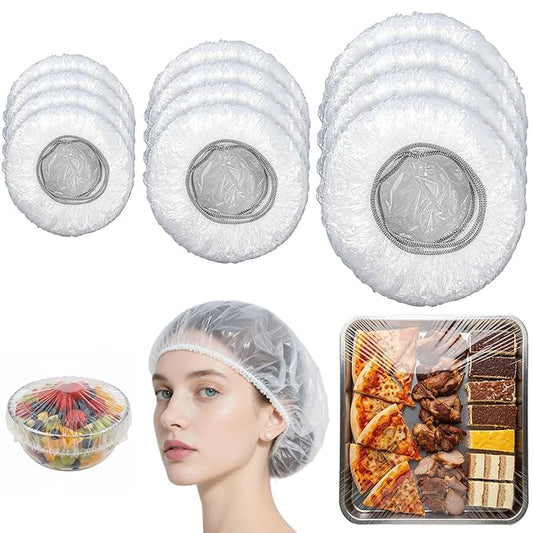 Multi-Use Plastic Covers 450 Pack - Disposable Shower Caps & Bowls Covers | Food-Grade, Odor-Free, Reusable & Washable, 3 Sizes (Small/Medium/Large) for Hair Care, Bowls, Plates, Trays & Travel (450)