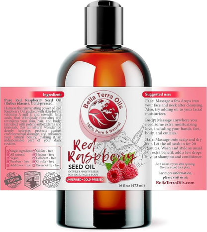 Bella Terra Oils - Red Raspberry Seed Oil 16oz - Celebrate Nature's Best, Packed with Omega-3 & Vitamin E, Distilled for Superior Skin Benefits