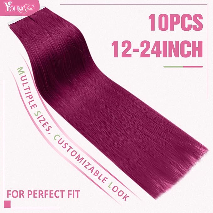 YoungSee Tape in Hair Extensions Human Hair Magenta 10pcs 20g Invisible Tape in Hair Extensions Human Hair Red 12 Inch Magenta Hair Extensions Tape for Short Hair Colorful Hair Extensions for Party