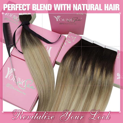 YoungSee Tape in Hair Extensions Real Human Hair Ombre 16In Invisible Tape in Hair Extensions Dark Brown Ombre Blonde with Brown Balayage Tape ins Human Hair Extensions Silky Straight 20pcs 50g