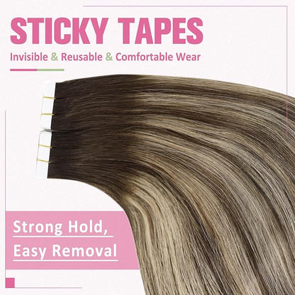 YoungSee Tape in Extensions Human Hair Balayage Tape ins Human Hair Extensions Balayage Dark Brown with Ash Blonde Tape in Hair Silky Straight 20 Inch 20pcs 50g Long-Lasting