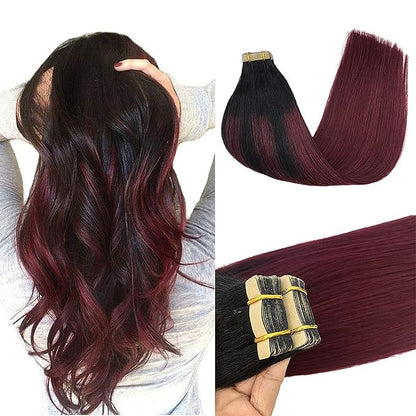 GOO GOO Tape in Hair Extensions Human Hair, 1/99 Balayage Jet Black to Red, 18inch 50g 20pcs, Skin Weft Seamless Invisible, Silky Straight with Thick Ends, Remy Human Hair