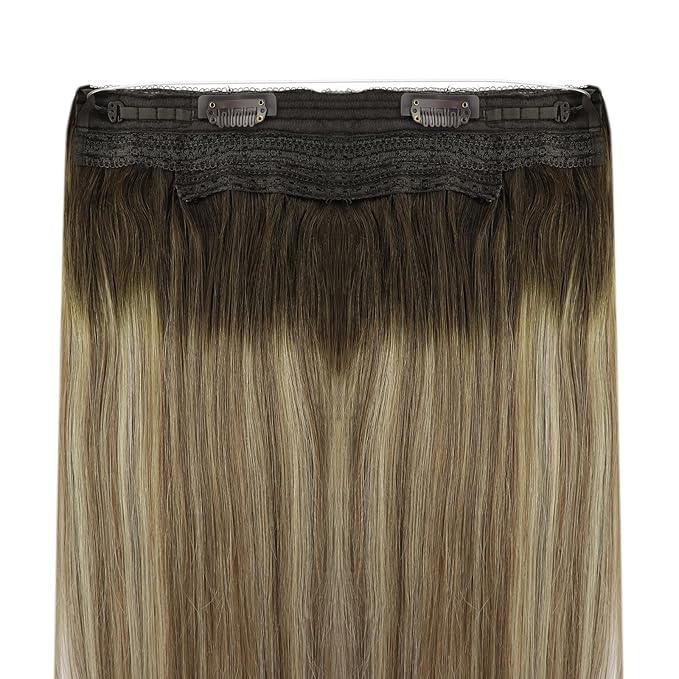 YoungSee 100G 20Inch Wire Hair Extensions Real Human Hair Brown Balayage Wire Human Hair Extensions Dark Brown Ombre Light Brown with Blonde Fish Line Human Hair Extensions Add Length and Volume