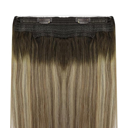 YoungSee 100G 20Inch Wire Hair Extensions Real Human Hair Brown Balayage Wire Human Hair Extensions Dark Brown Ombre Light Brown with Blonde Fish Line Human Hair Extensions Add Length and Volume