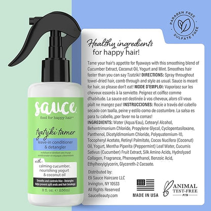 SAUCE BEAUTY Leave In Conditioner & Detangler Spray (8 Fl Oz) Tzatziki Leave In Conditioner for Curly, Oily & Damaged Hair, Fly Away Hair Tamer, Curl Enhancer, Detangling Spray with Coconut Oil