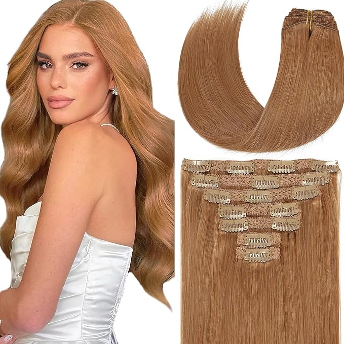 Loxxy Real Hair Extensions Clip in Human Hair Auturn Blonde Hair Clip in Extensions Double Weft Brazilian Remy Human Hair Clip ins #30 Blonde Clip in Extensions 14 Inch 7pcs 120g 16 Clips