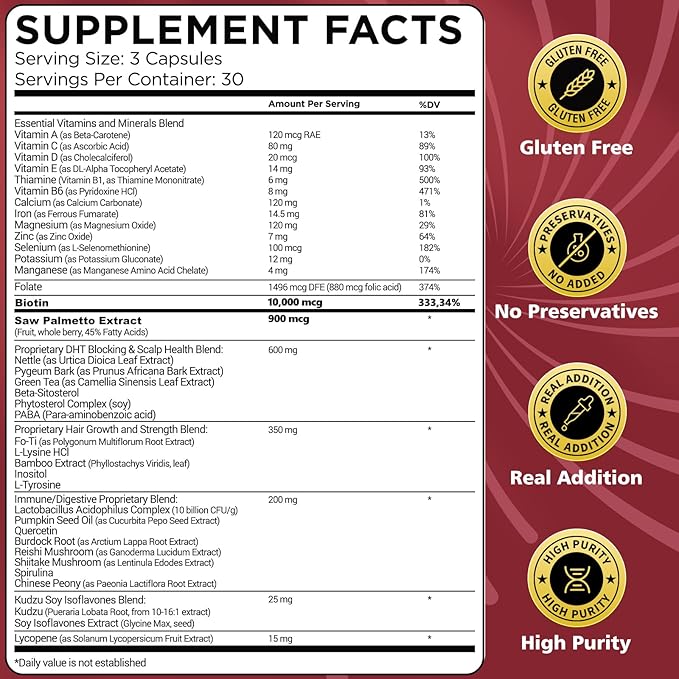 Saw Palmetto for Men, DHT Blocker for Men with 10000 mcg Biotin and 900 mg Saw Palmetto Per Servings, Proprietary Hair Healthy Herbal Blend, Supports Men's Health - 30 Servings