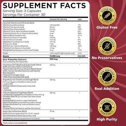 Saw Palmetto for Men, DHT Blocker for Men with 10000 mcg Biotin and 900 mg Saw Palmetto Per Servings, Proprietary Hair Healthy Herbal Blend, Supports Men's Health - 30 Servings