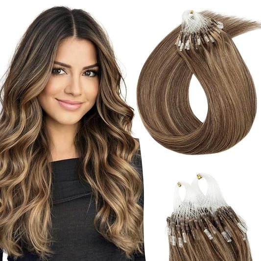 Micro Link Hair Extensions Human Hair Micro Bead Extensions Micro Loop Micro Ring Human Hair Extensions for Women Silky Straight Natural 50g/100 Stands 20" Medium Brown Mix Dark Blonde