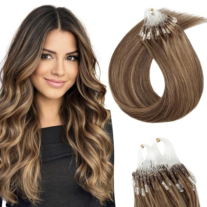 Micro Link Hair Extensions Human Hair Micro Bead Extensions Micro Loop Micro Ring Human Hair Extensions for Women Silky Straight Natural 50g/100 Stands 22" Medium Brown Mix Dark Blonde