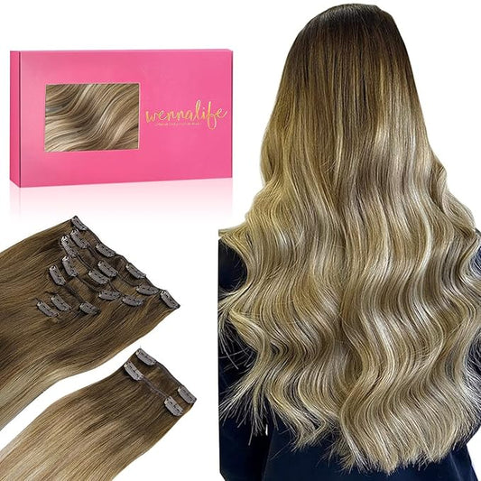 WENNALIFE Clip in Hair Extensions, 150g 14 Inch 9pcs Ombre Walnut Brown to Ash Brown and Bleach Blonde Human Hair Extensions Thicker Clip in Hair Extensions Real Human Hair Clip Set Double Weft