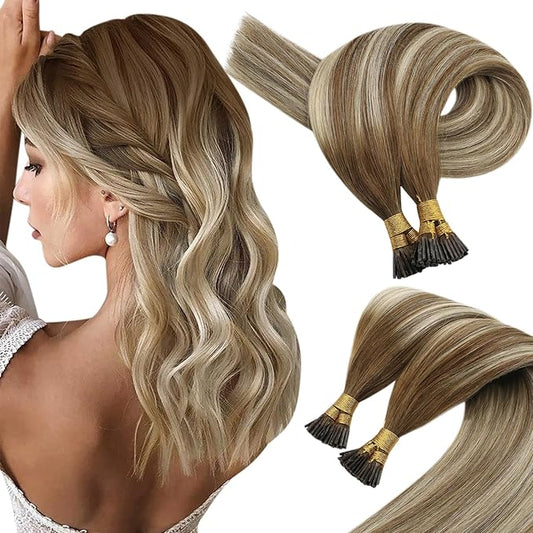 Sunny Hair Brown Ombre Itip Human Hair Extensions Short Straight I Tip Hair Extensions Human Hair for Women Hair Extensions I Tip 16inch 50g
